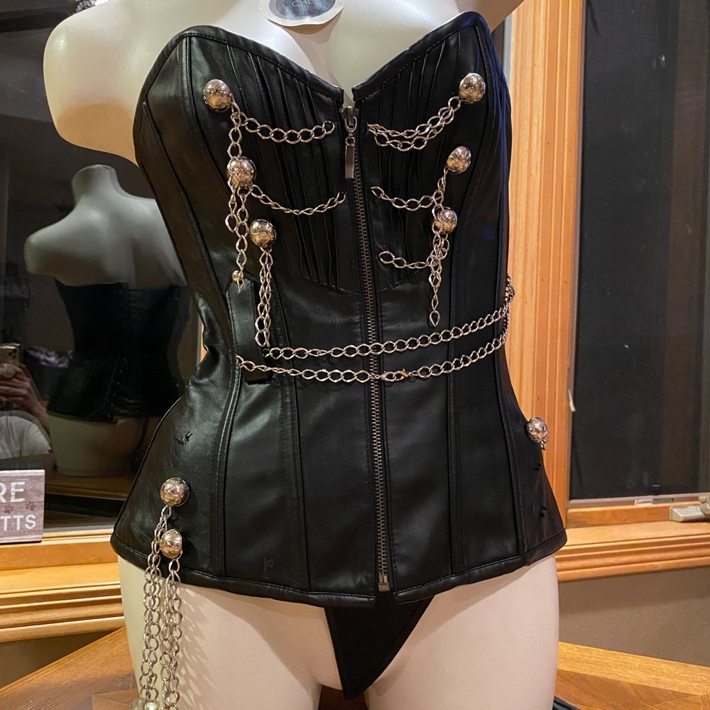 Leather Corset with Chains. Zip Front, Laced Back.